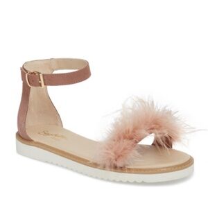 Seychelles Ruffle A Few pink suede feather sandals